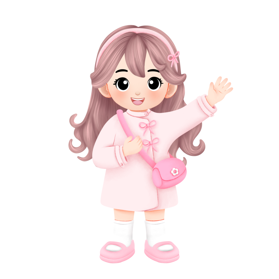 little cute girl in pink dress say hi and waving her hand png
