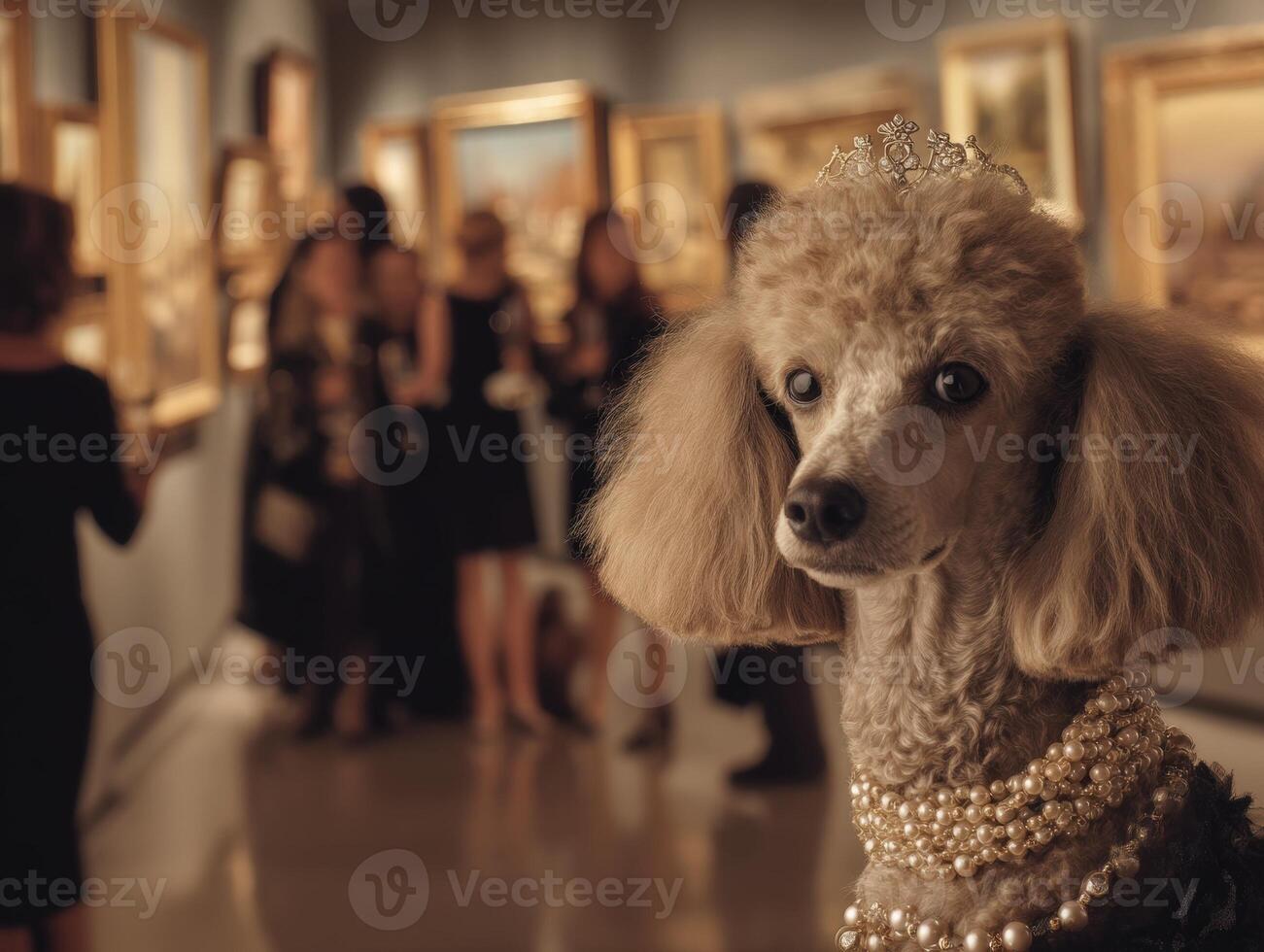 Poodle with pearl necklace and tiara in focus, standing in an art gallery with blurred group of elegantly dressed people in the background admiring framed paintings on the walls photo