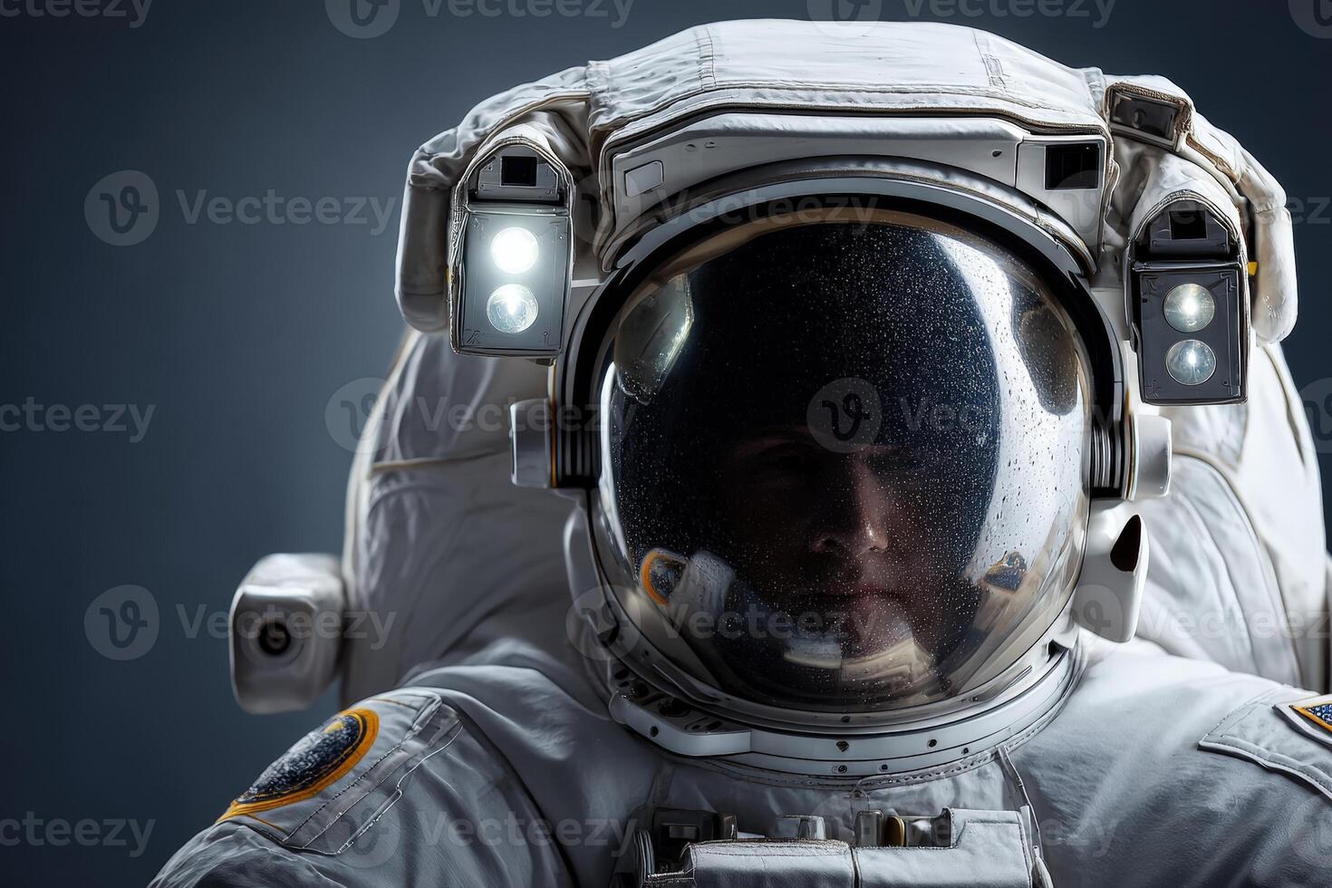 Astronaut in a white space suit with a reflective visor, illuminated helmet lights, and detailed suit features, displaying patches and mechanisms, with a focused expression photo