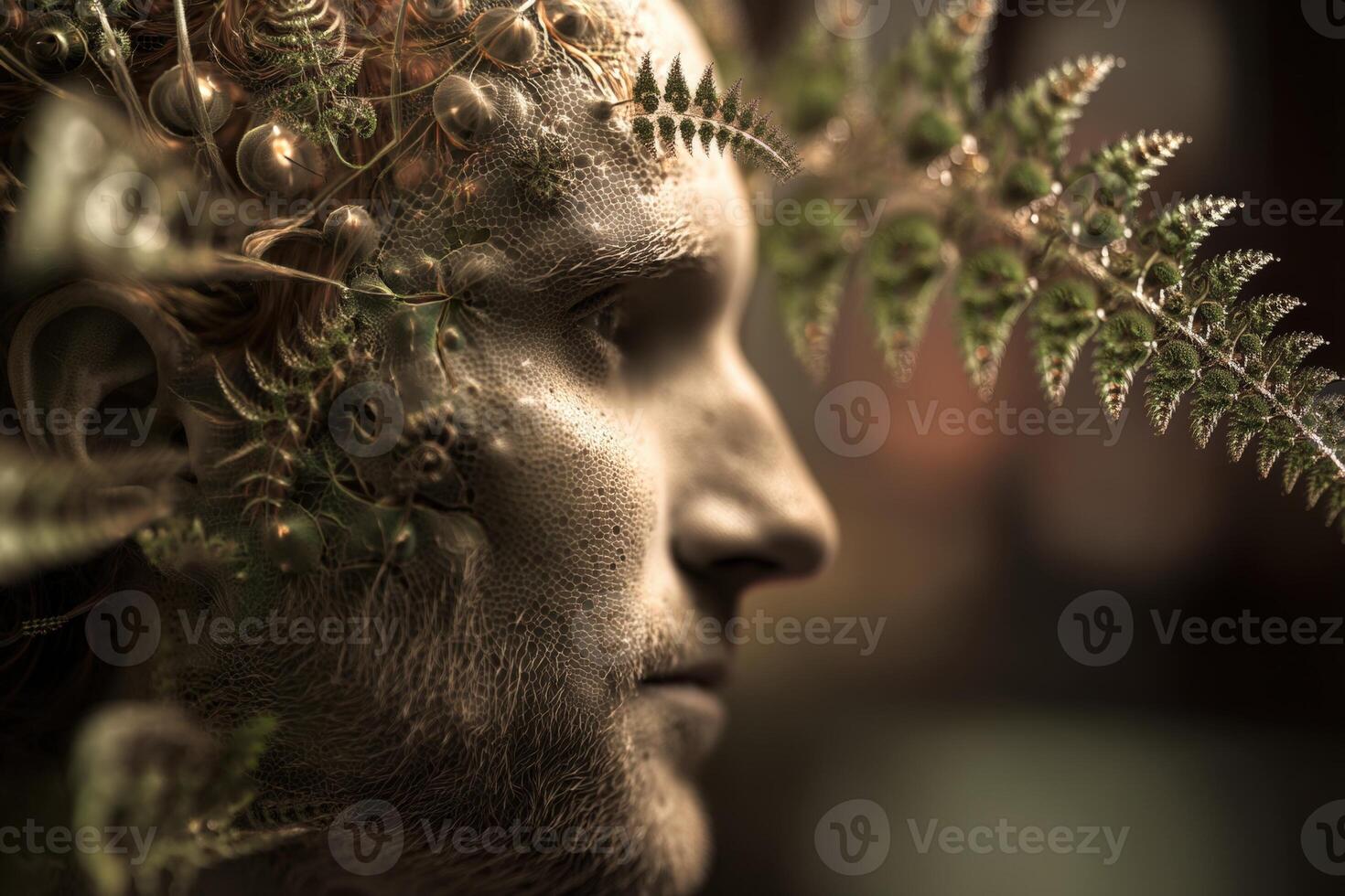 A human profile seamlessly blends with nature, adorned with intricate fern leaves and organic textures. Soft earthy tones create a surreal, harmonious fusion of man and plant photo