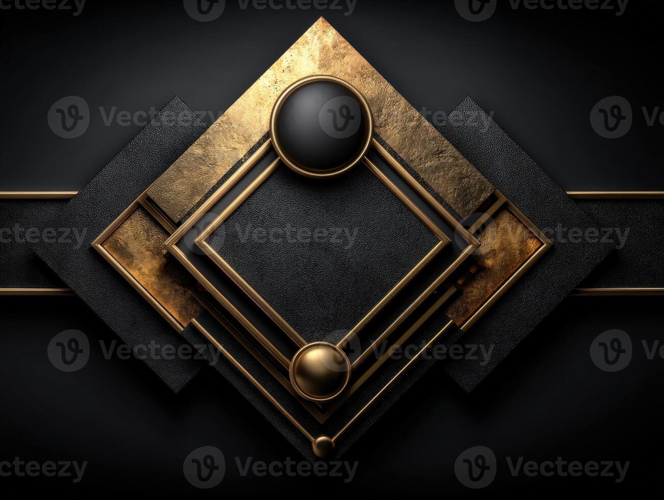 Geometric design features overlapping squares and circles with a metallic appearance, highlighted by a golden-bronze finish and texture. Central spheres add depth and symmetry photo