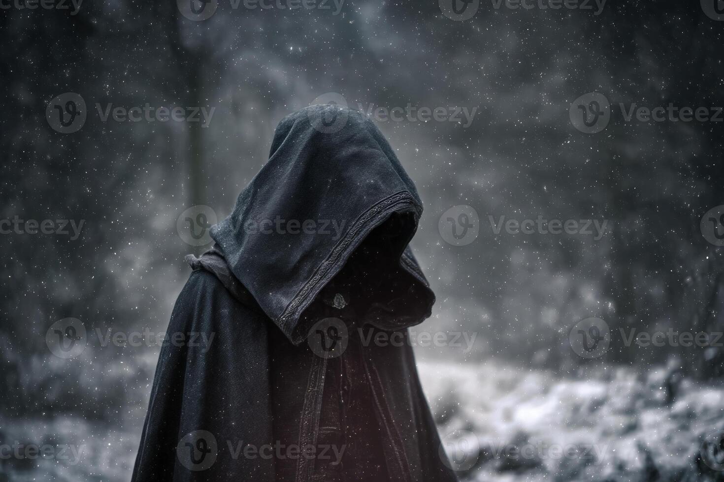 Dark hooded figure stands in snowy forest, cloaked in mysterious shadows, creating an eerie and atmospheric scene. Snowflakes gently fall, blurring the background, adding depth photo