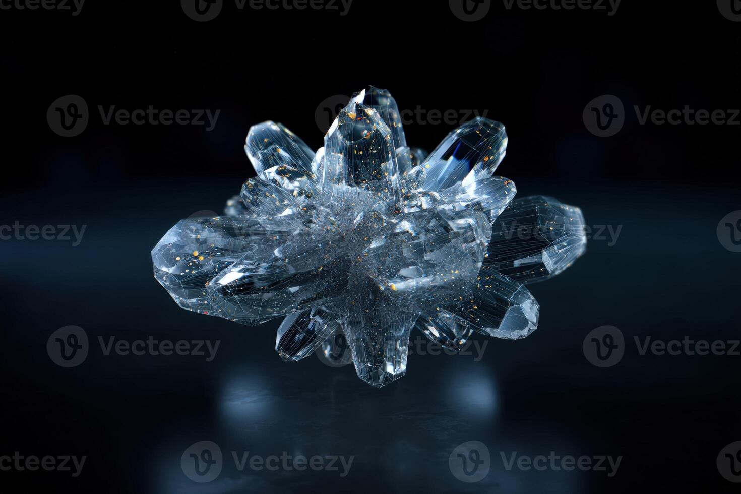 A cluster of clear, multi-faceted crystals with intricate details and reflective surfaces, shining against a dark backdrop. The composition emphasizes elegance and natural beauty photo