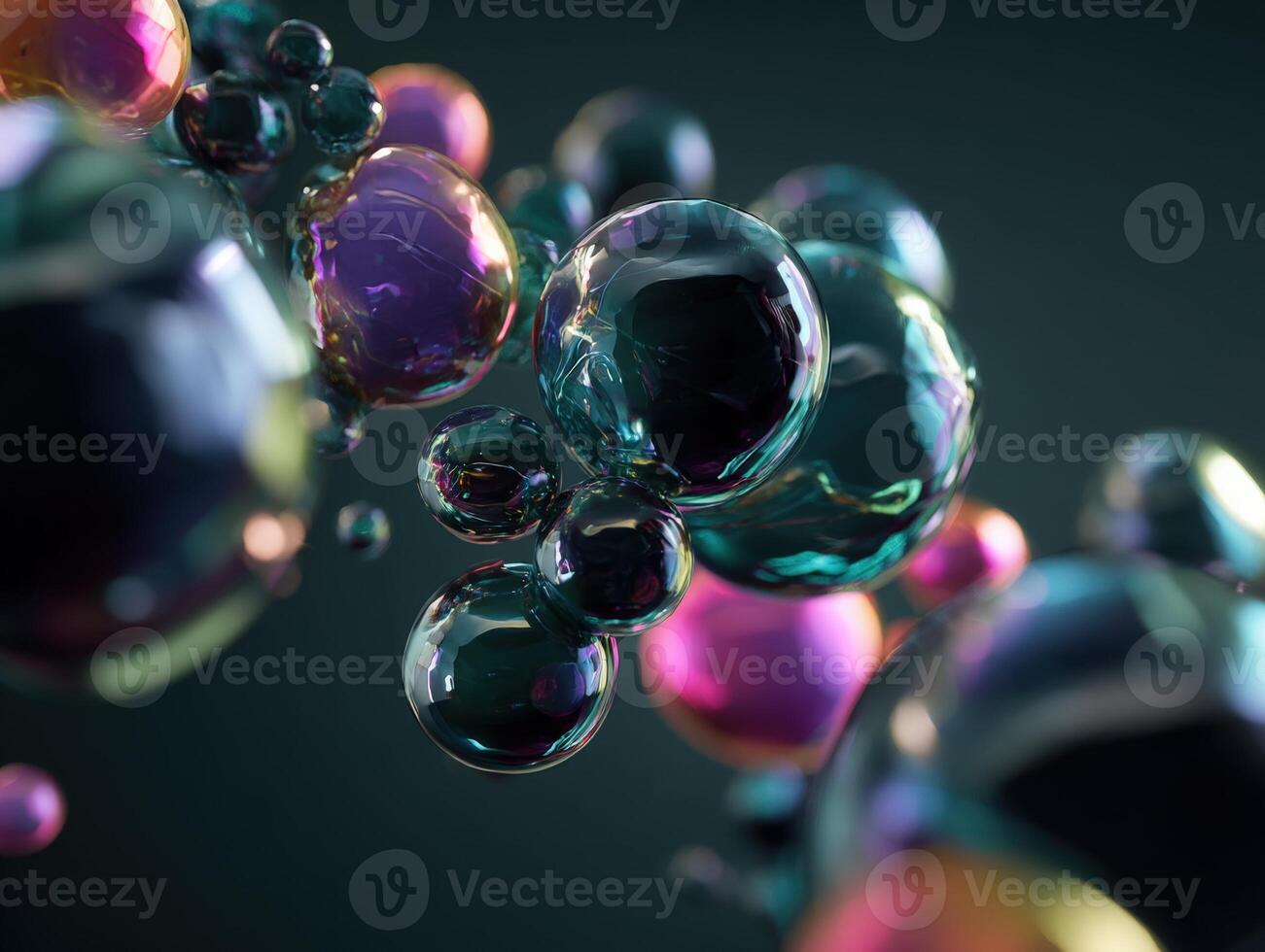 Glass-like spheres in varying sizes float with iridescent surfaces reflecting rainbow hues, creating a dynamic, surreal and mesmerizing visual effect emphasizing light and color interplay photo