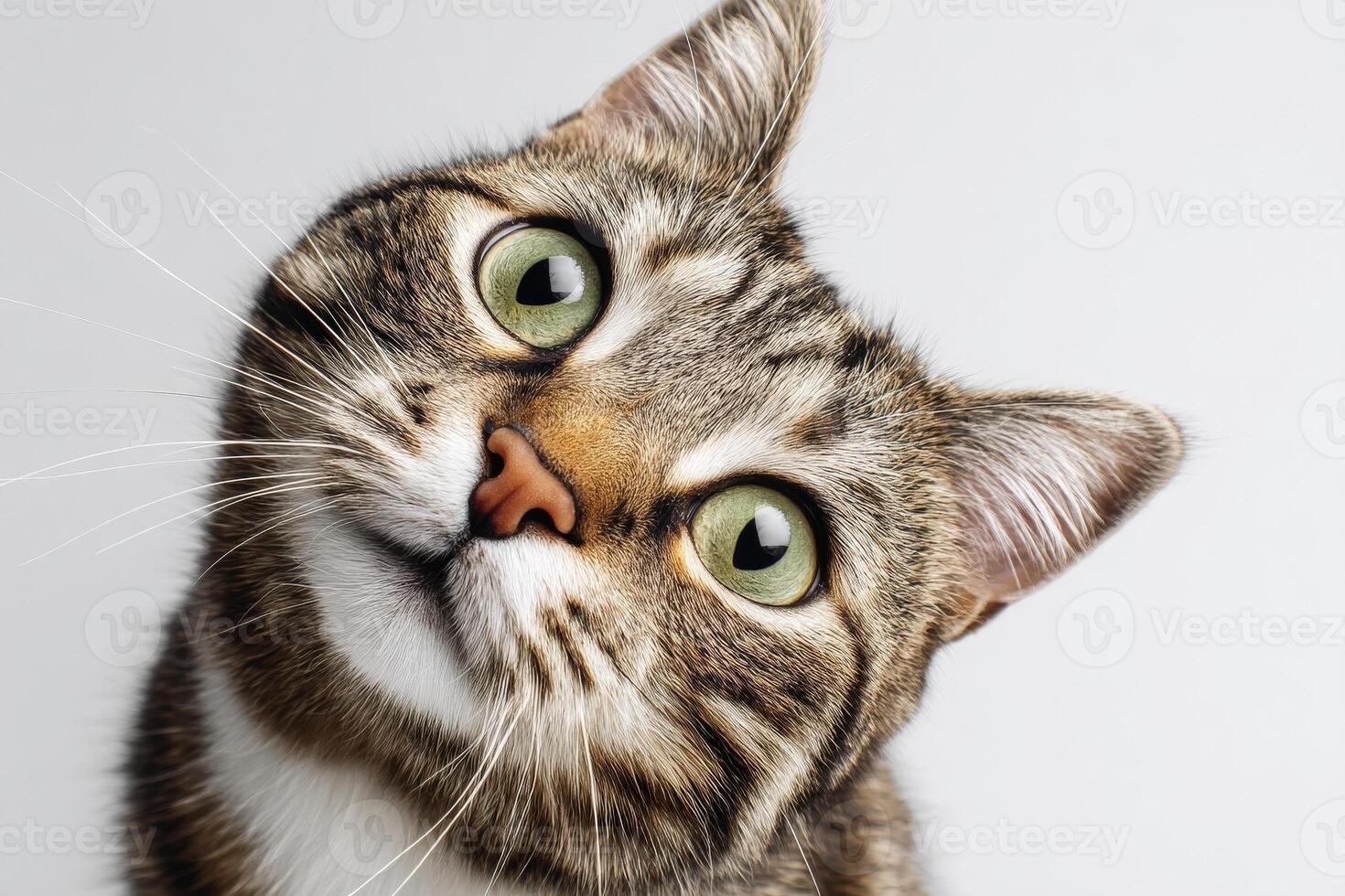 Cute tabby cat with green eyes stretches its head toward the camera with a curious and playful expression, ears perked up, whiskers vividly visible, and dark nose highlighting photo