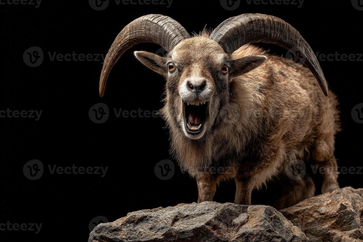 Wild sheep with large curved horns stands on rocks, mouth open as if bleating or calling out, against a black backdrop. Its rough fur texture is highlighted, conveying ruggedness photo