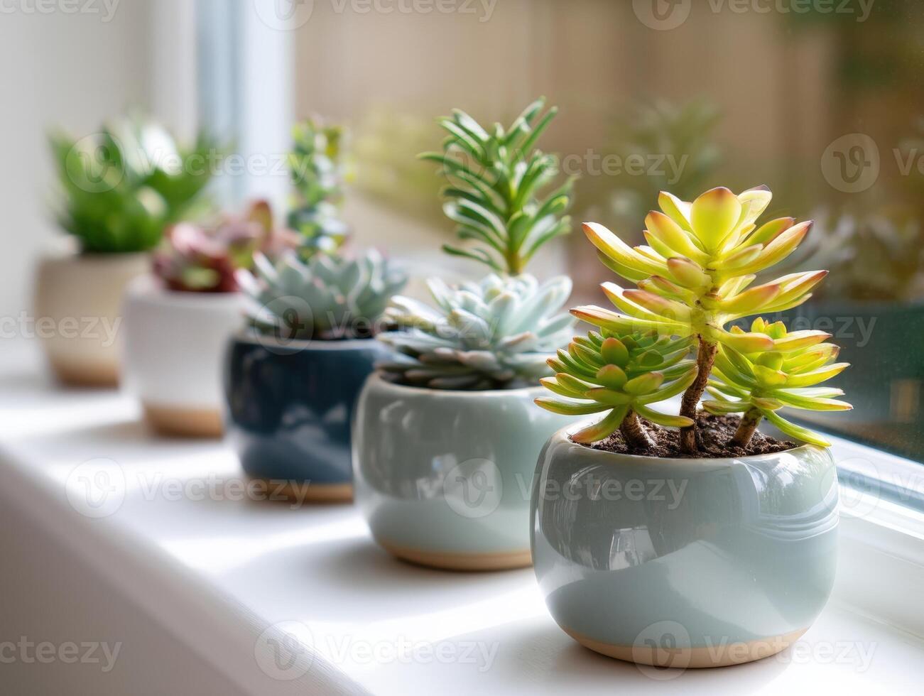 Five small succulents in different ceramic pots are arranged on a windowsill, with a blurred background. The plants have varying colors and leaf shapes, adding visual interest photo