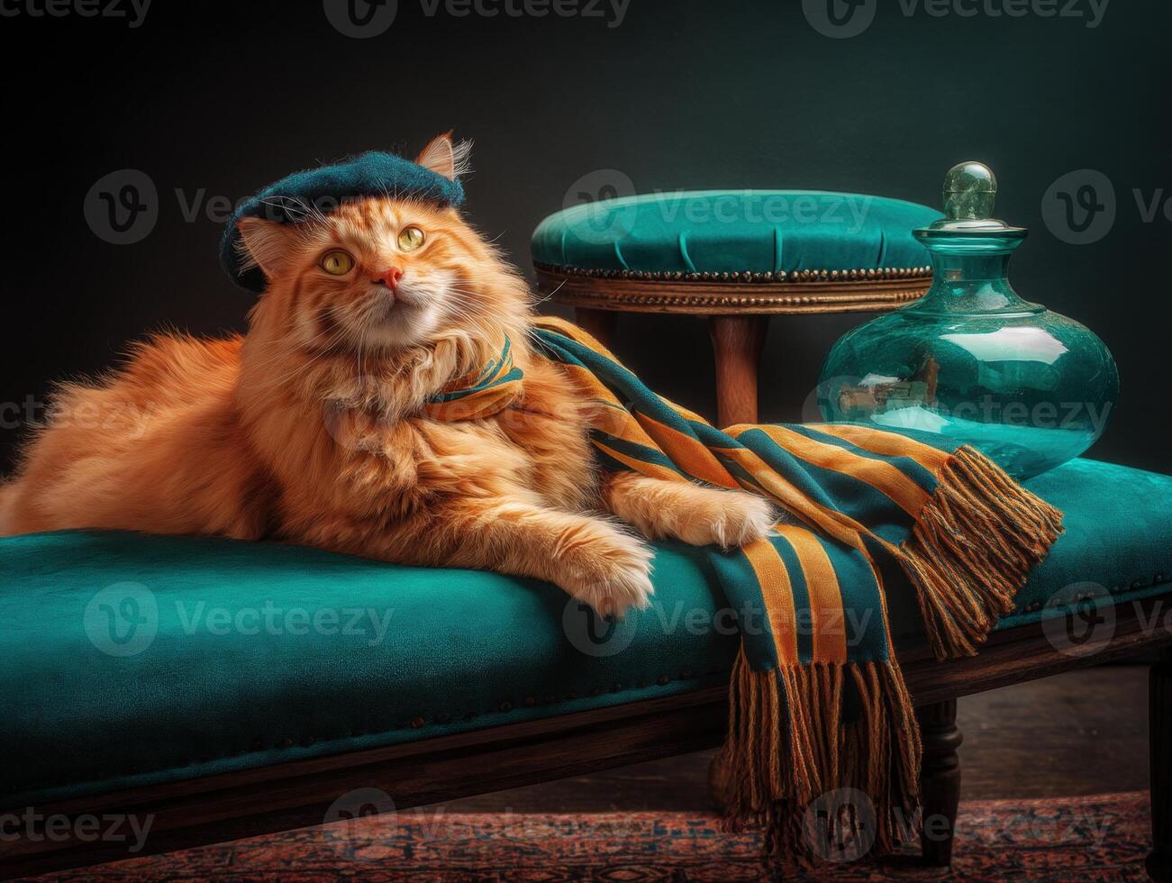 Fluffy orange cat wearing a blue beret and striped scarf lounges on a teal bench. Beside it, an elegant glass bottle and a matching teal stool add to the sophisticated scene photo