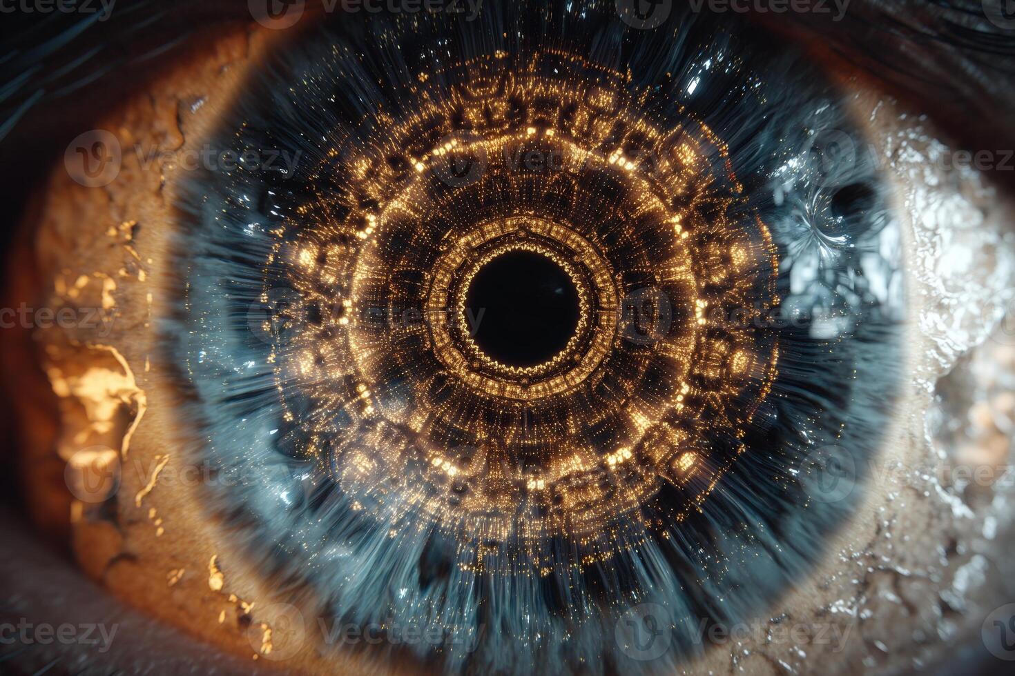 Close-up of a blue eye with intricate golden patterns radiating from the pupil, resembling a complex, luminous structure. Details are sharp, emphasizing the texture and color photo