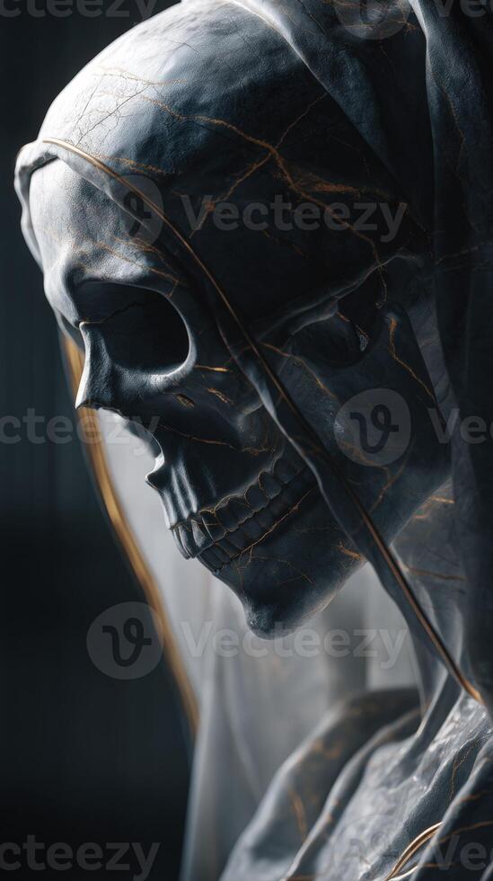 A dark, mysterious figure with a cracked skull is cloaked in a translucent veil. The side profile reveals intricate details and eerie lighting, creating an ominous, ghostly atmosphere photo