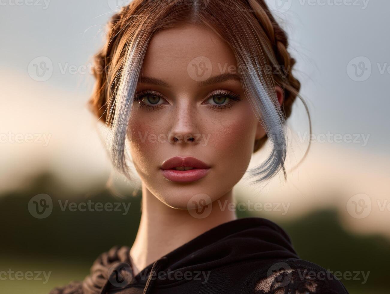 Red-haired woman with braids gazes forward, framed by subtle lighting and a blurred background. Her expression is calm and serene, highlighting graceful features with a touch of natural makeup photo