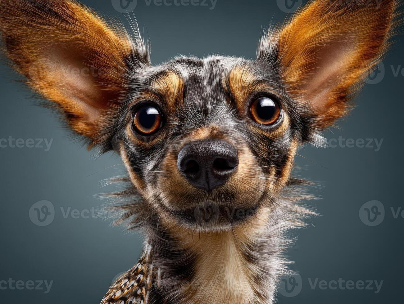 Close-up of a small dog with large ears and expressive eyes, featuring a mix of brown and black fur highlighted with orange overtones, staring directly at the camera with alert curiosity photo