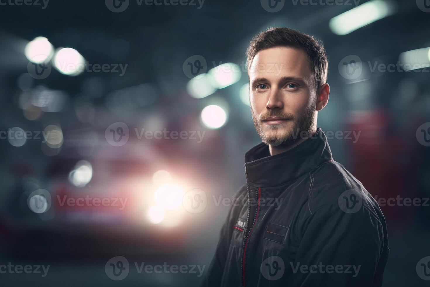 Young man in a black jacket with a focused expression stands confidently in a dimly lit environment, featuring blurred bright circular lights in the background, creating a dramatic effect photo
