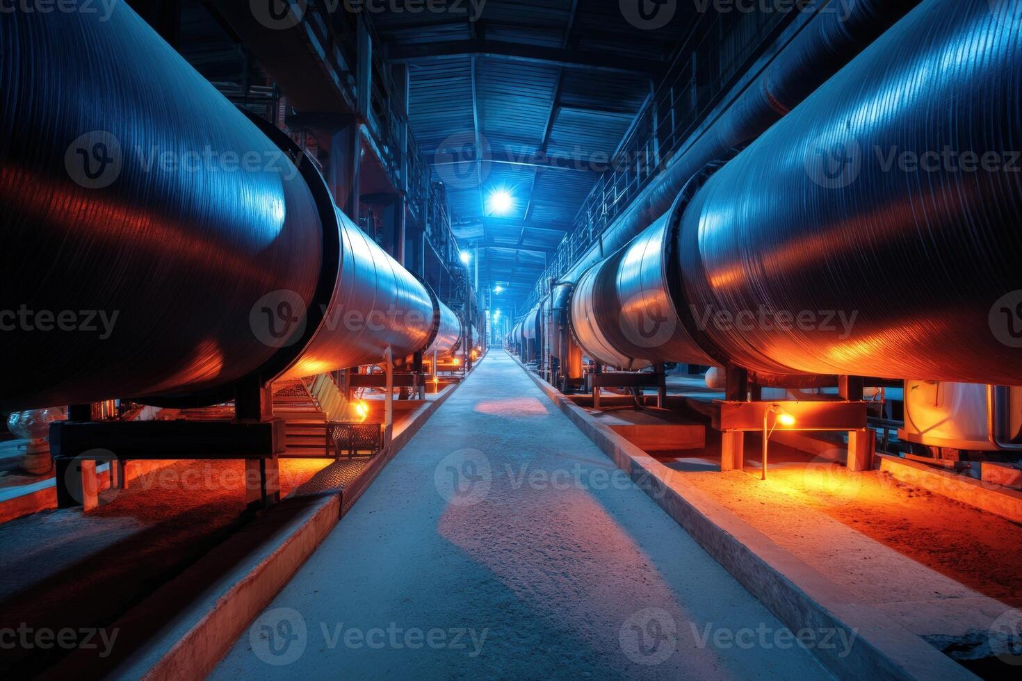 Industrial corridor illuminated by blue and orange lights, featuring large metal pipes running parallel along a concrete walkway, under a high ceiling with metal beams for support photo