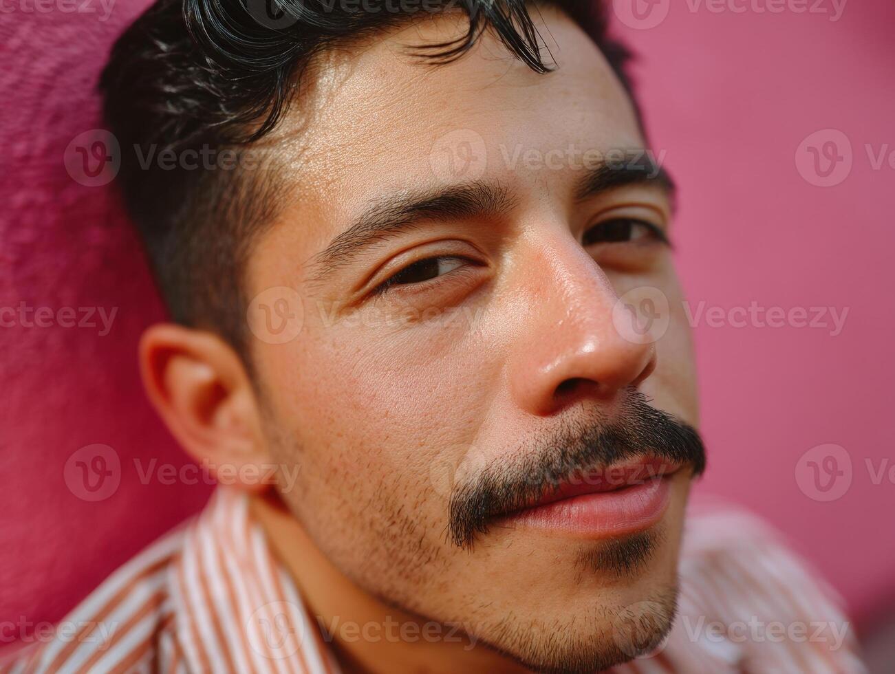 Young man with short dark hair and mustache, wearing a striped shirt, smiling slightly against a pink wall backdrop, looking directly at the camera in a relaxed manner photo