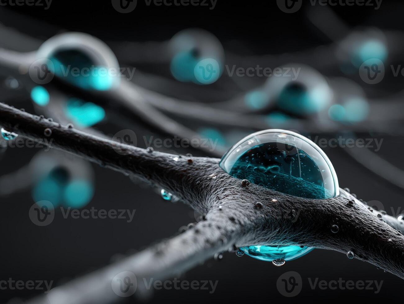 Water droplets sitting on black, textured branches with a reflective surface. The droplets have a light blue tint, creating a striking contrast against the dark background photo