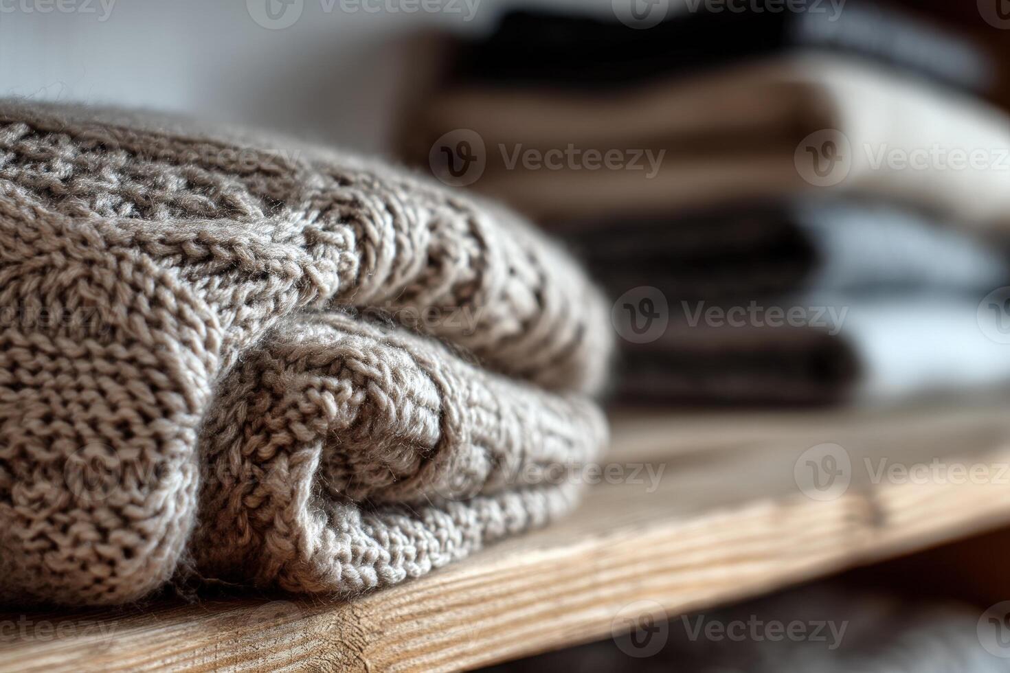 Cozy folded woolen sweaters in soft neutral tones on a wooden shelf, showcasing intricate knitted patterns and textures. Warm and inviting atmosphere with focus on craftsmanship photo