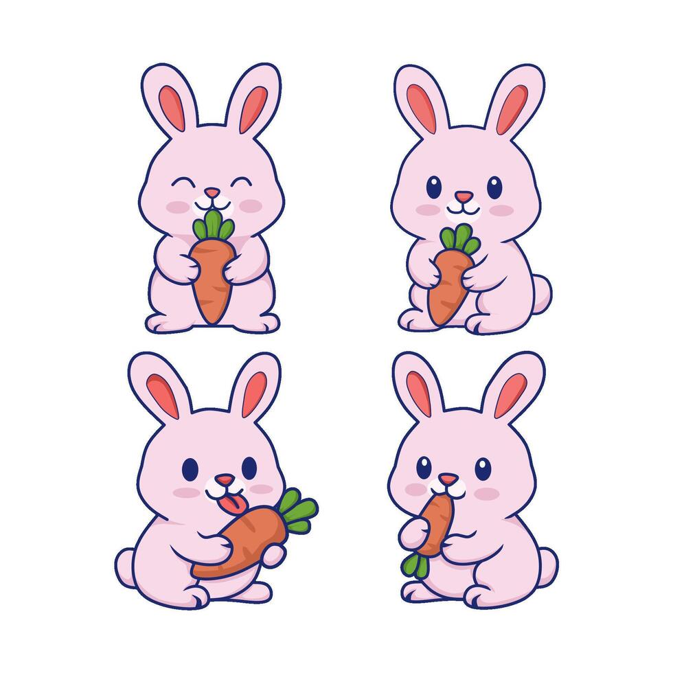 cute rabbit illustration with various expressions eating carrots vector