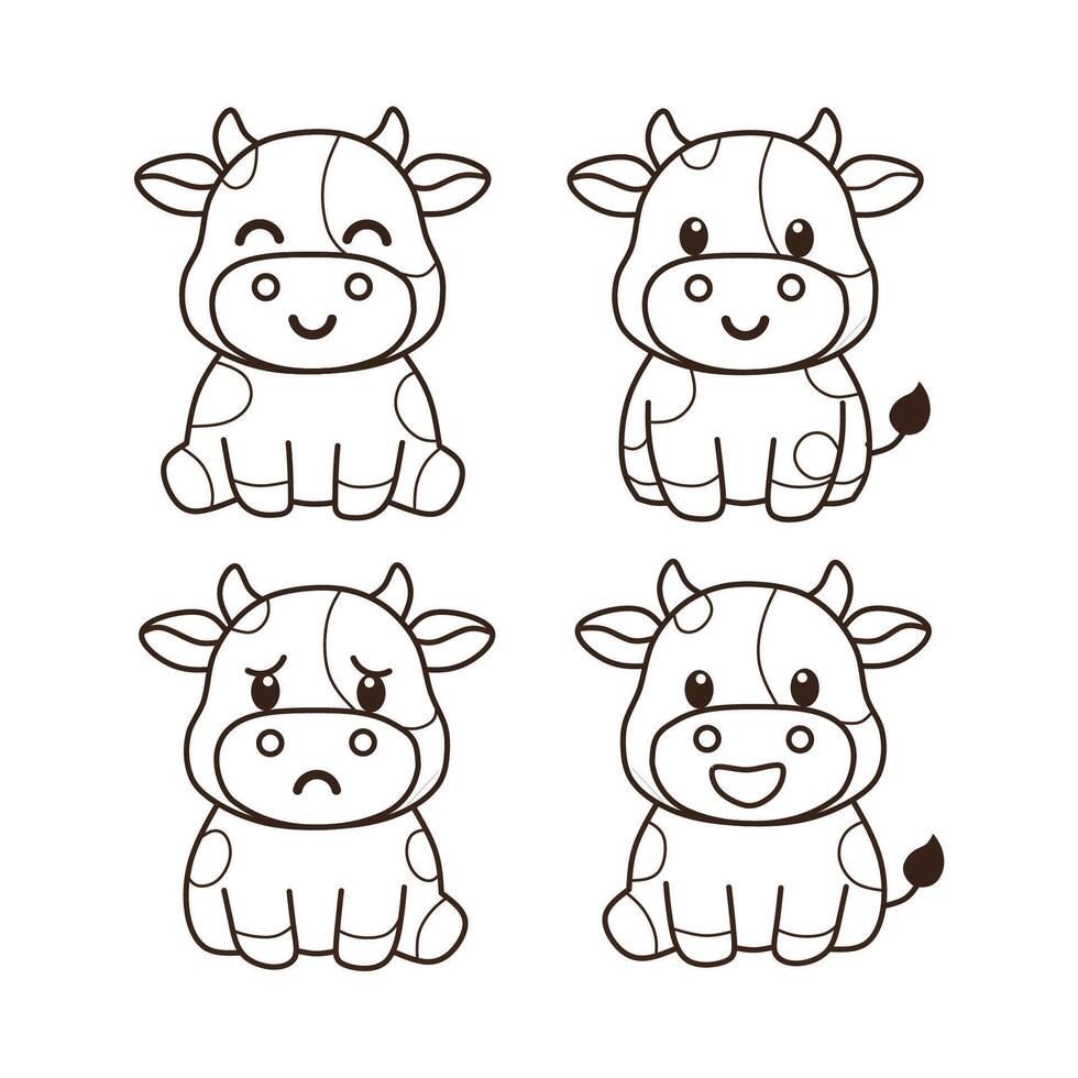 a set of cute line art cow illustrations with various expressions, for stickers vector