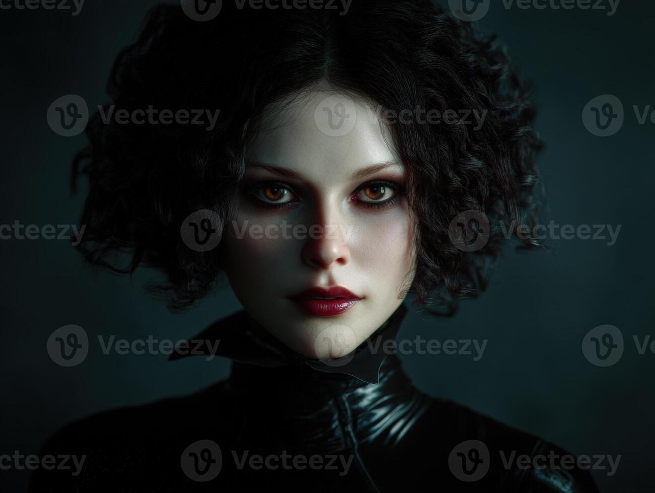 Dark-haired woman with striking eyes and dramatic makeup, wearing a black, shiny high-collared outfit. Her expression is serious, and the lighting creates a mysterious atmosphere photo