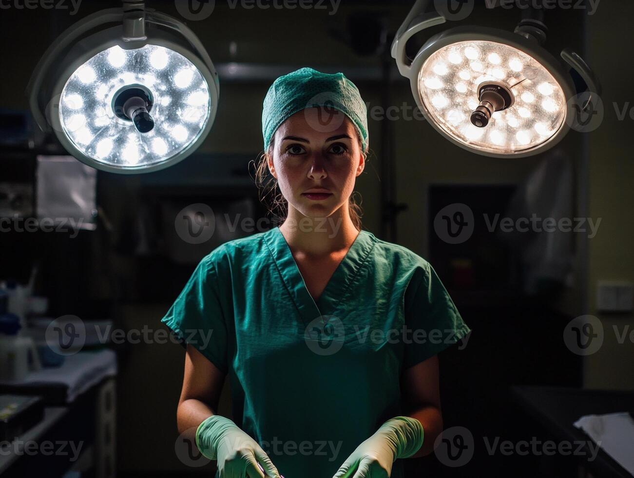 Surgical professional stands under intense operating lights, wearing green scrubs and gloves. The setting includes medical equipment, suggesting a hospital operating room atmosphere photo