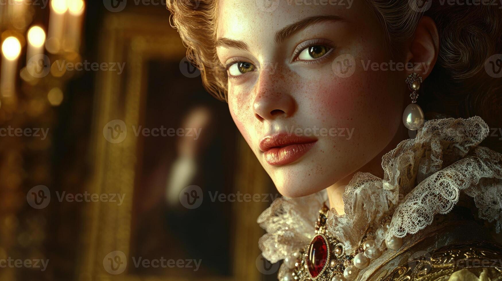 Elegant woman with period attire, adorned with pearl earring and ornate necklace. Her striking gaze contrasts with soft lighting, highlighting delicate features. Background features a blurred portrait photo