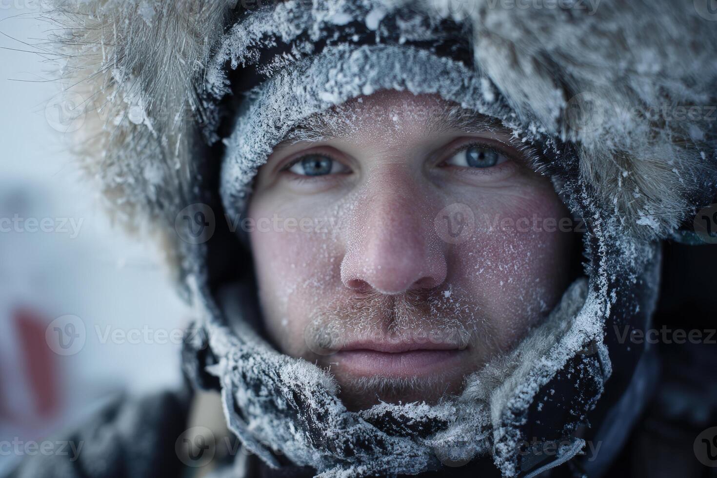 A person wearing a thick fur-lined hood and heavy clothing is covered in frost and snow. Their face is red from the cold, and their expression appears calm and focused photo
