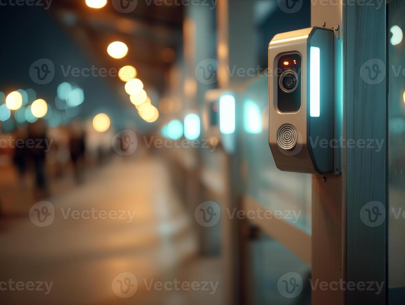 Security camera with glowing light mounted on a glass wall, overlooking an out-of-focus walkway with warm bokeh lights. Modern urban setting in a dimly lit environment photo
