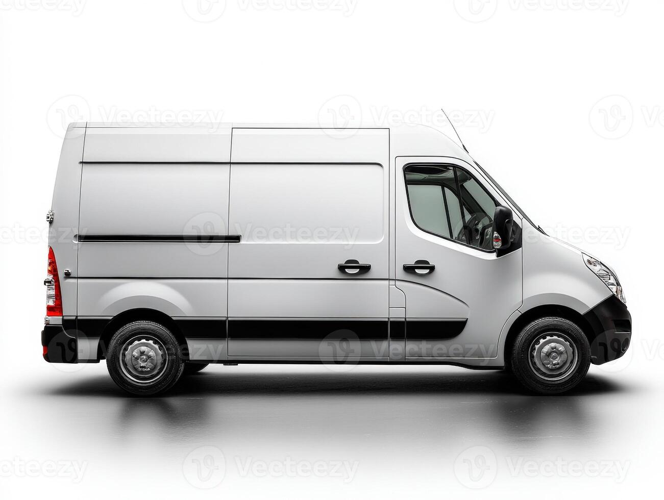 White cargo van, side profile view, detailed design, smooth lines, visible wheel rims, modern headlights, sleek door handle, tinted windows, black trim, overall clean and polished look photo