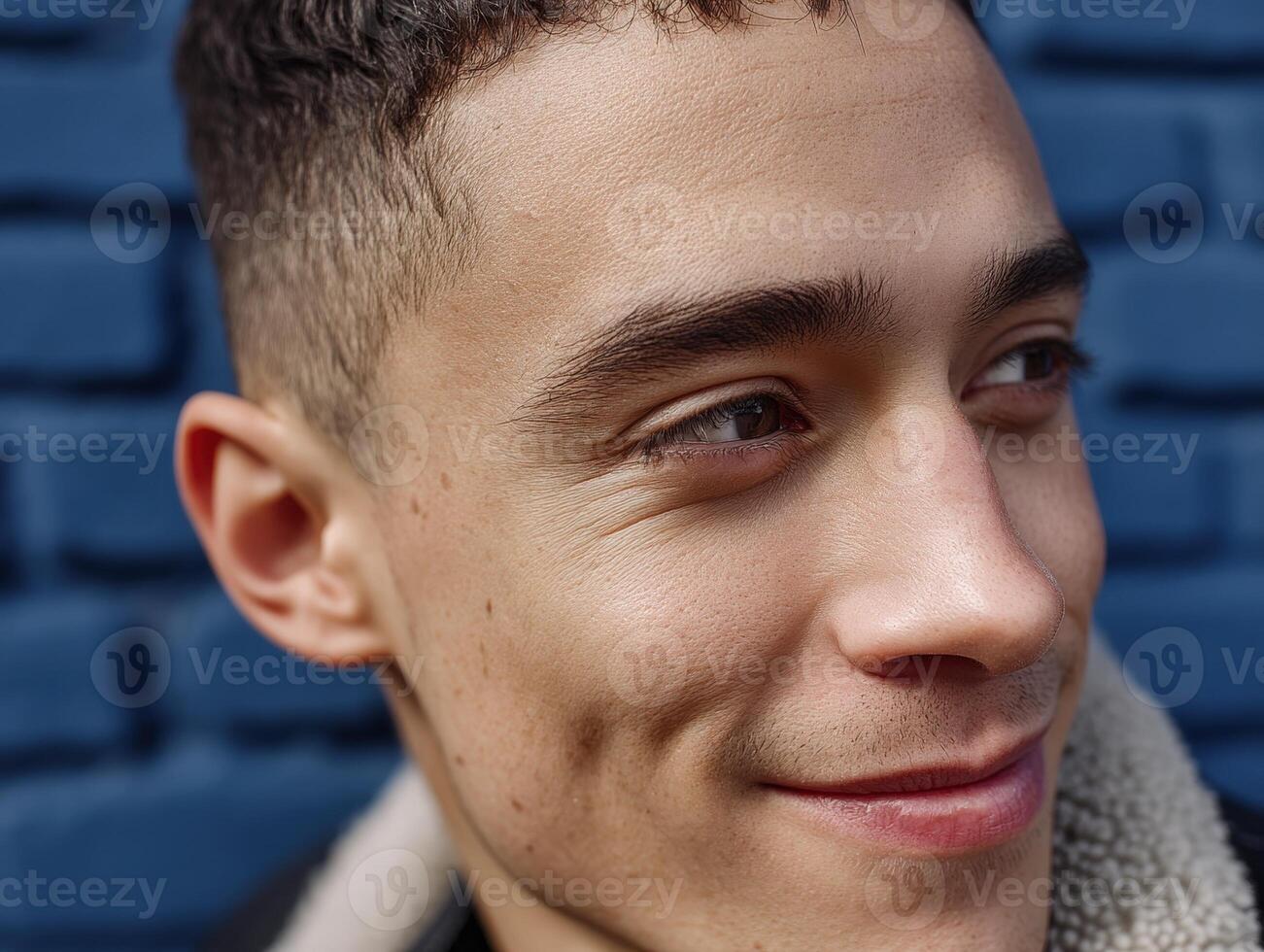Close-up portrait of a young person with short hair, looking to the side with a slight smile. The focus is on the facial expression, capturing a moment of contemplation photo