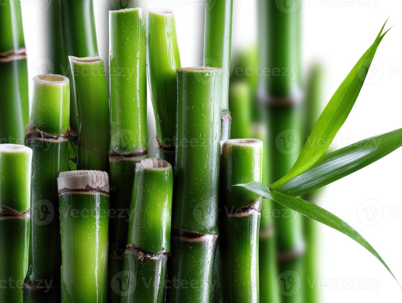 Close-up of vibrant green bamboo stalks with a glossy finish, showcasing natural texture and details. A single bamboo leaf extends from the right side of the frame photo