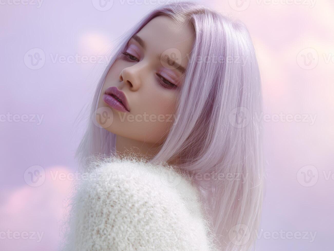 Young woman with pastel purple hair gazes downward, exuding serenity. She's wearing a fluffy white sweater. Soft focus creates a dreamy ambiance, highlighting her ethereal appearance photo