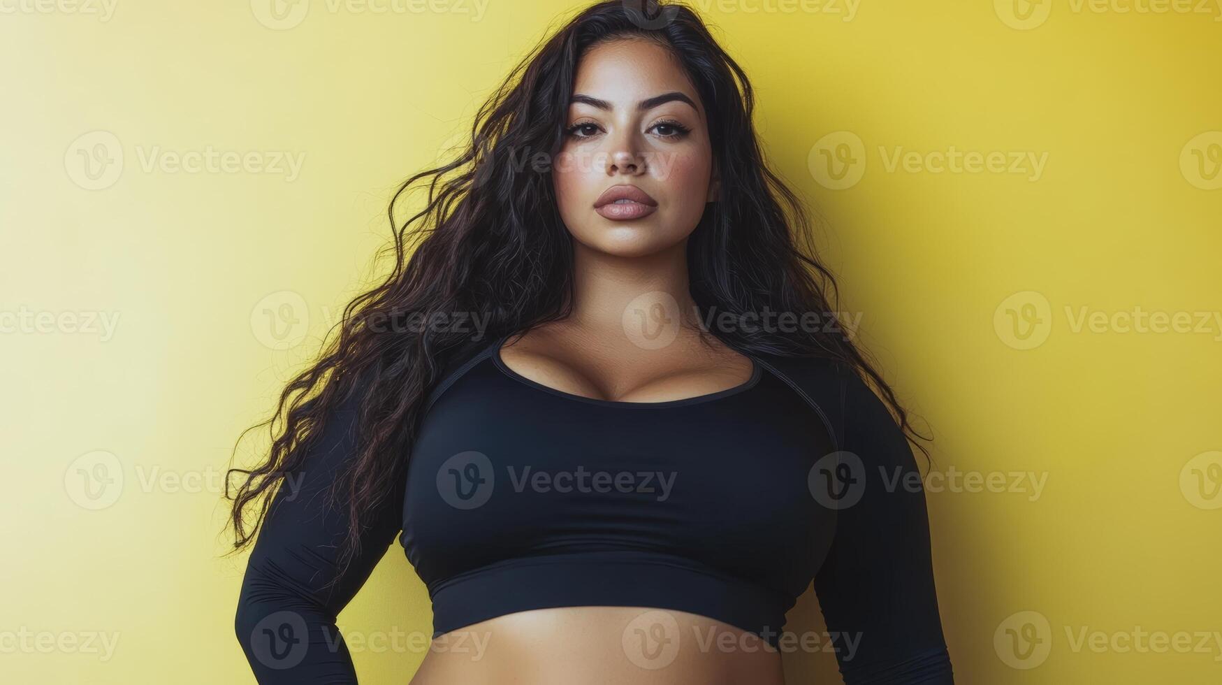 Curly-haired woman with confident expression, wearing a black long-sleeve top, stands against a yellow background. Her pose is empowering and highlights her natural beauty photo