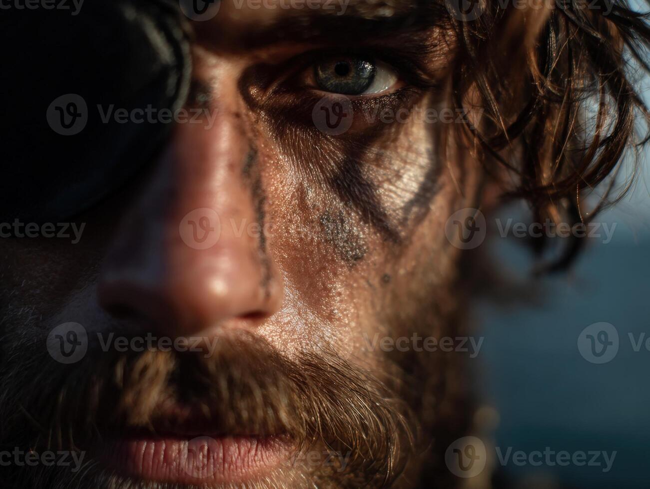 Rugged close-up of a bearded man with an intense gaze, wearing an eye patch and smudged dark makeup, creating a mysterious and adventurous appearance. His hair is tousled and wild photo