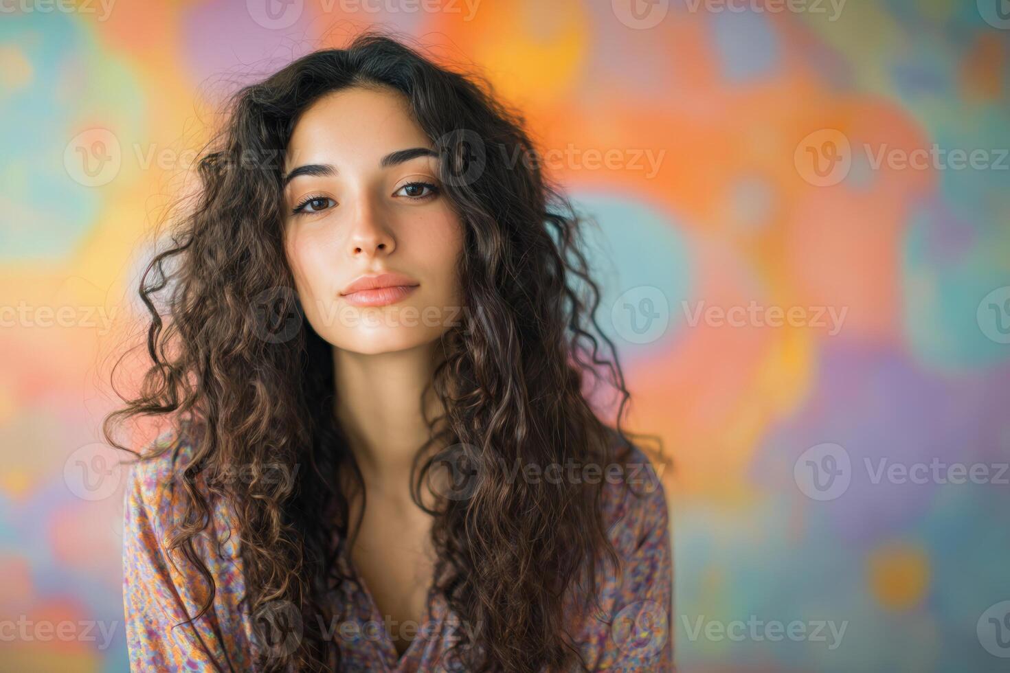 Curly-haired woman with a serene expression, wearing a patterned top, against a vibrant, colorful abstract background of soft blues, oranges, and pinks photo