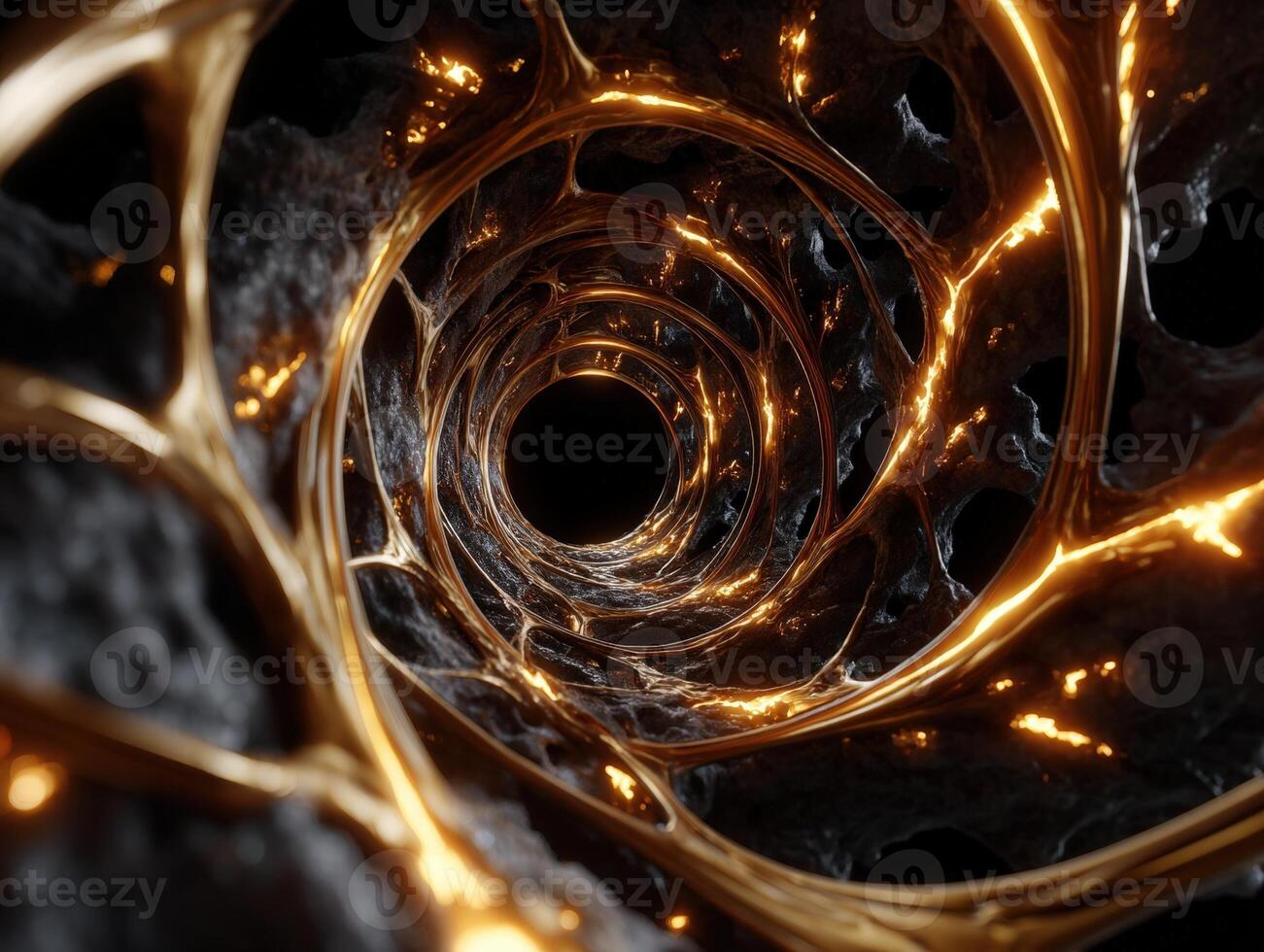 Intricate golden tunnel with organic texture and dark void at the center. The curved structure reflects glowing light, creating a sense of depth and movement within the image photo