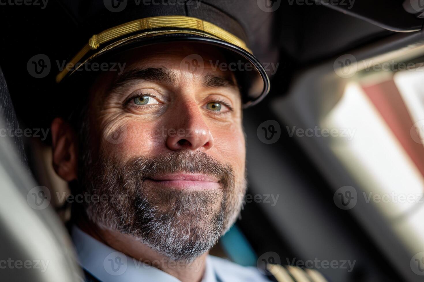 Smiling pilot in uniform with a hat in a cockpit, sunlight illuminating the face, gray beard, focused eyes, professional appearance, close-up portrait, relaxed and confident demeanor photo