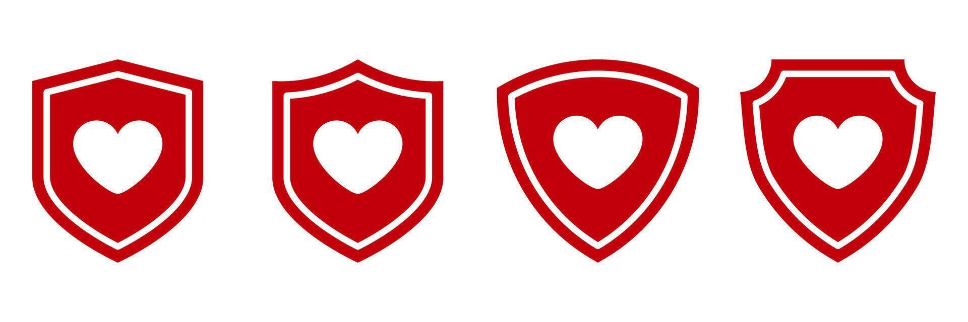 Heart shield icon set. Red security emblem with white heart symbol. Flat protection badge with love shape. Safety and care metaphor design for health, insurance, and charity branding. vector