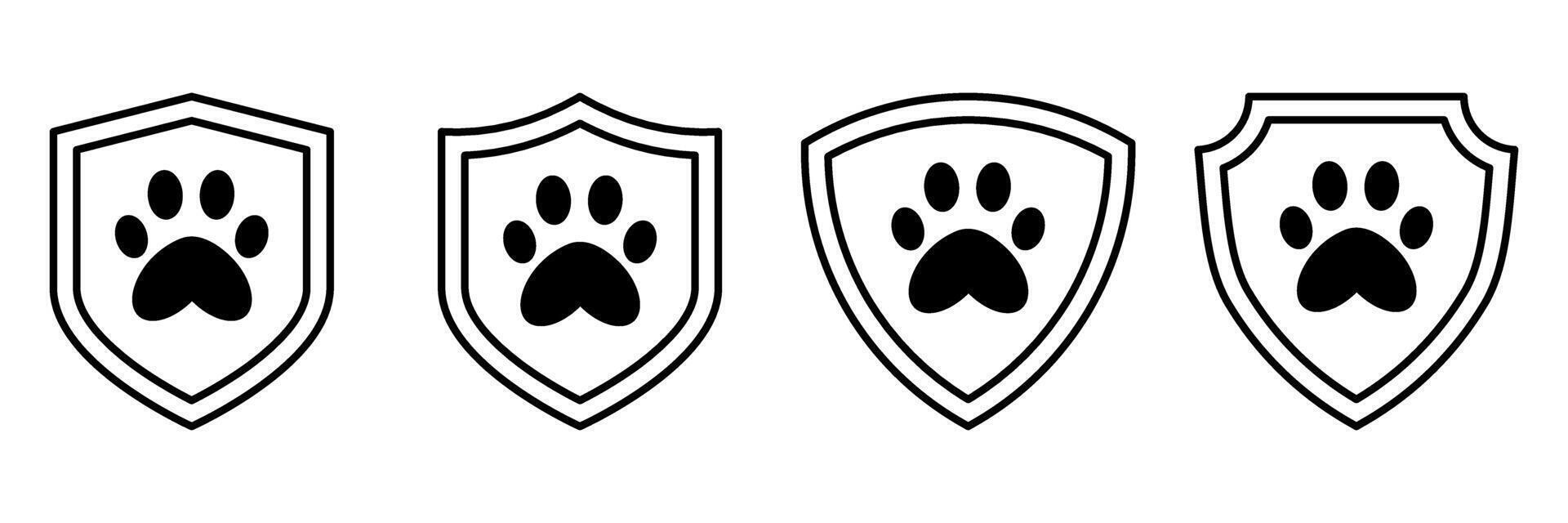 Black and white shield icons with paw print. Pet protection symbol set. Animal care logo template. outline and filled style icons for veterinary, shelter, or animal rescue design. vector