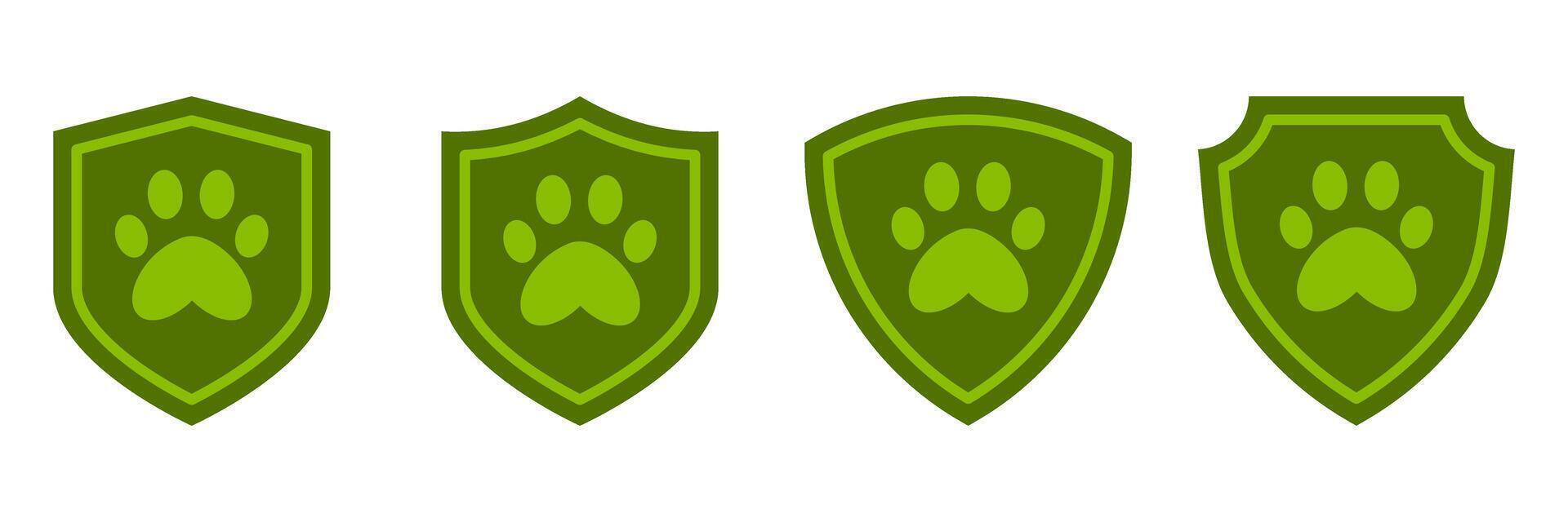 Green paw shield icons set. Collection of animal protection badges in flat style. Pet safety, vet security, rescue service and animal care symbols. vector
