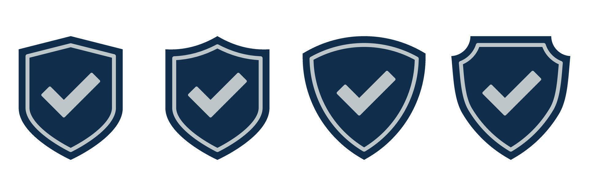 Checkmark Shield Icons. Security Badge with Tick Mark Set for Approval, Verified Access, Protection, Confirmation. Blue Trust Emblem Design for Cyber, Quality, and Certified Concepts vector