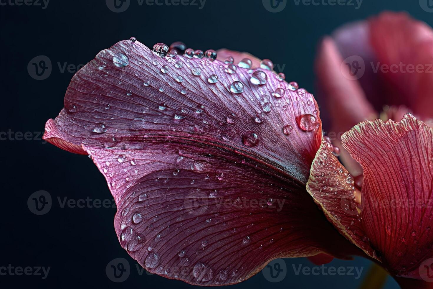 Close-up of a vibrant pink flower petal with detailed texture, adorned with glistening water droplets, offering a rich contrast and deep color gradients throughout the surface photo