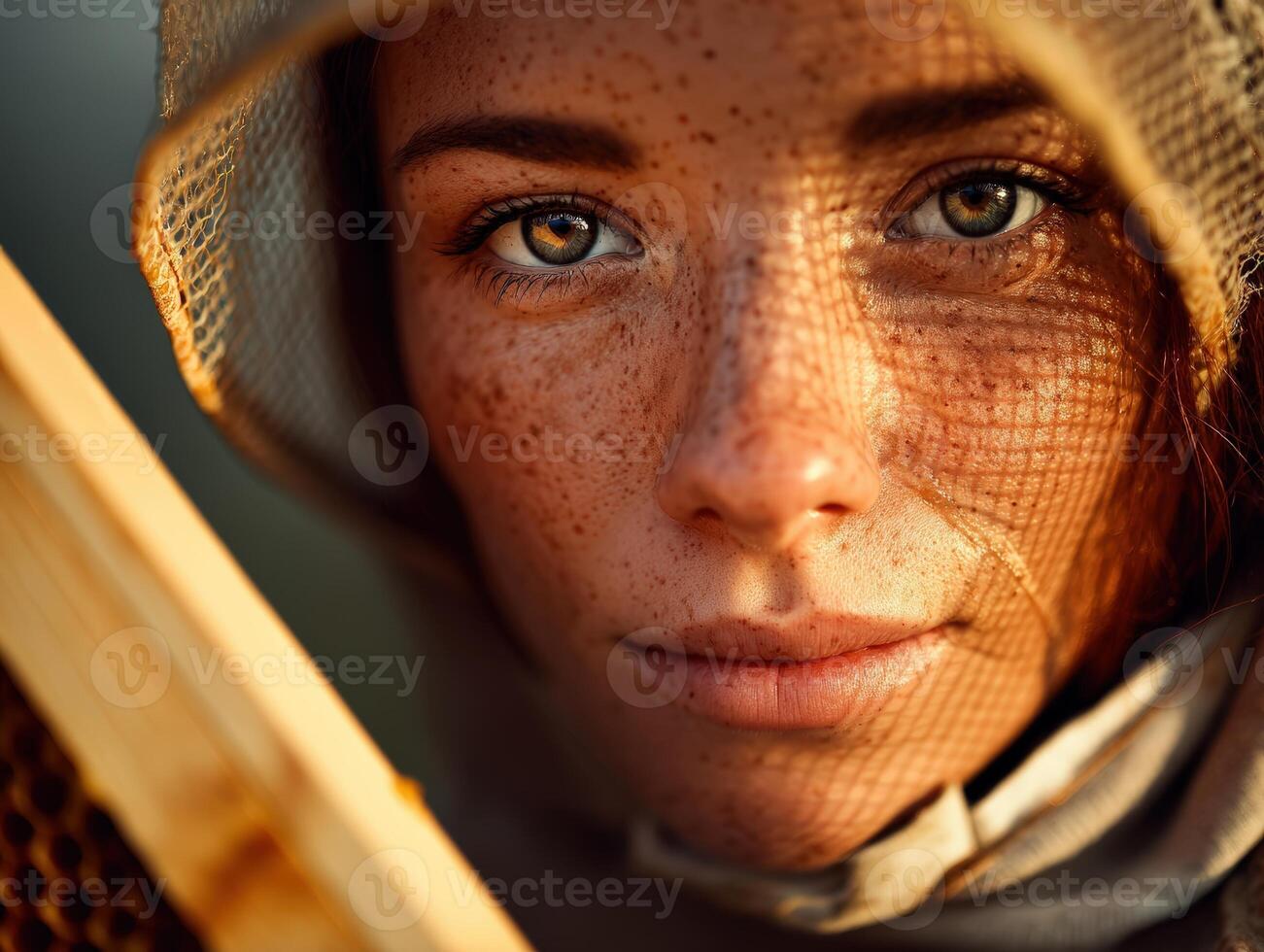 Young woman with freckles, wearing a beekeeping mesh hood, gazes intently at the camera. Sunlight casts intricate shadows on her face, highlighting her eyes and natural complexion photo