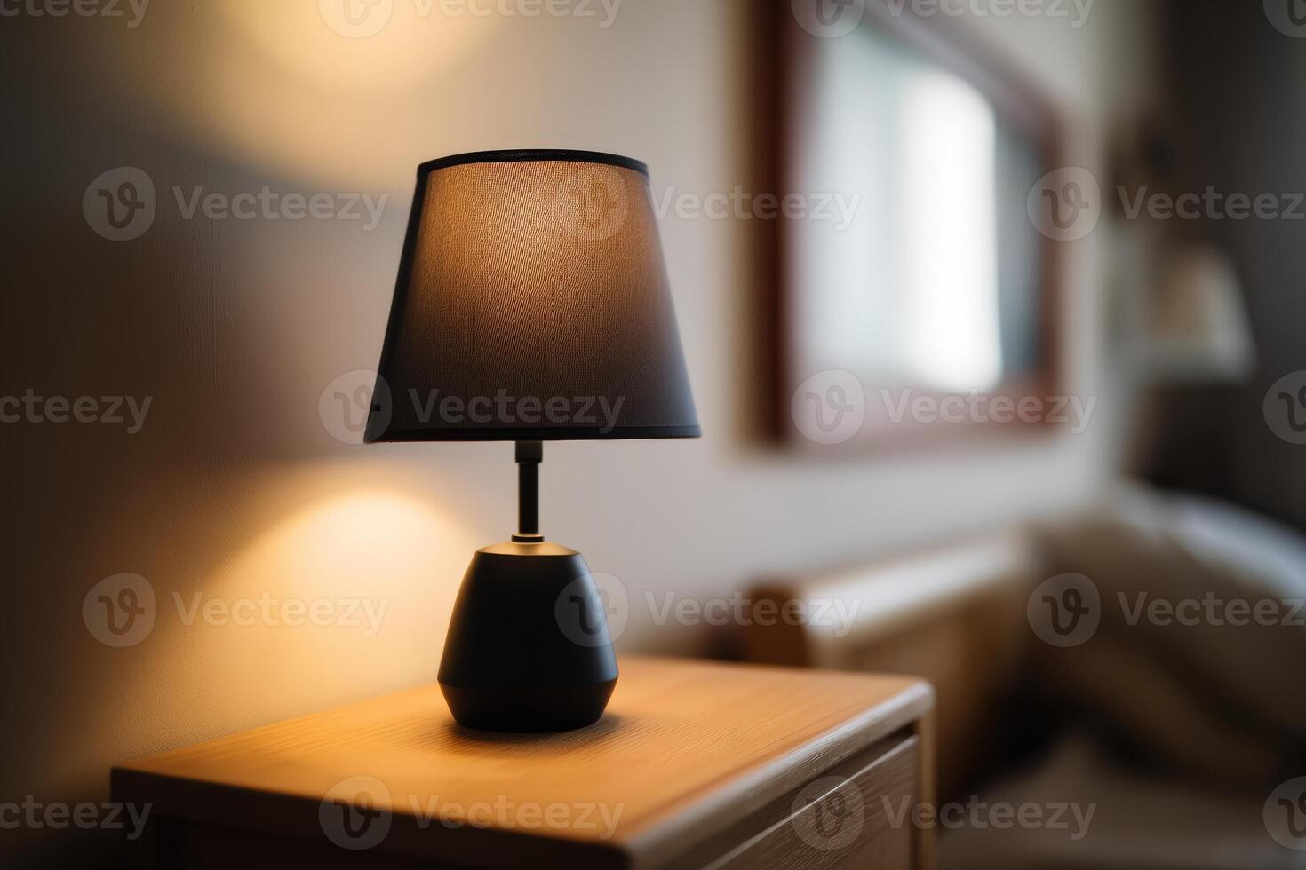Elegant black lamp sits on wooden bedside table, softly illuminating the room with warm light. Out of focus in the background, a bed and large mirror add depth to the cozy setting photo