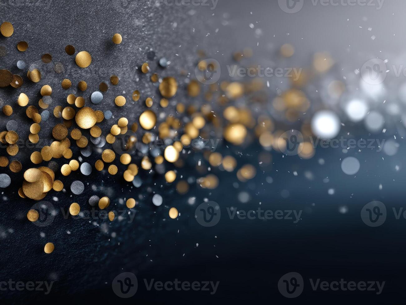 Golden and silver particles scatter across a dark background, creating an abstract, festive, and shimmering effect that conveys a sense of elegance and celebration photo