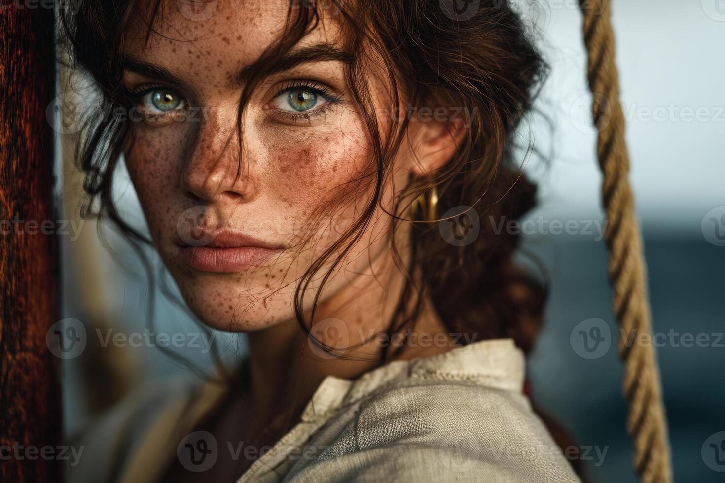 Woman with freckles and piercing green eyes looks intensely, framed by tousled hair and a rustic setting with a rope and wooden post, wearing a simple top and gold hoop earring photo