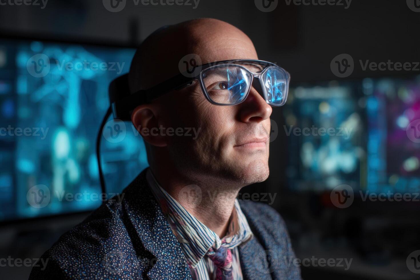 Bald man wearing large glasses connected by cable on left side gazes at futuristic blue screen, dressed formally in patterned suit and colorful tie, room dimly lit with technology photo
