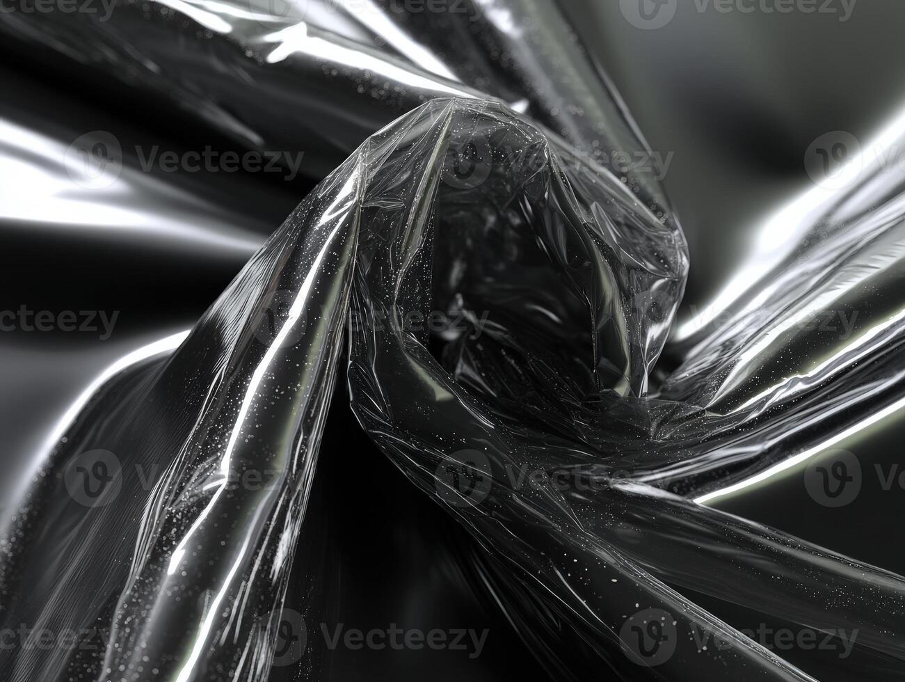 Crinkled shiny black plastic wrap with swirling folds and reflective surfaces, showing intricate textures and highlights. The composition emphasizes abstract forms and glossy textures photo