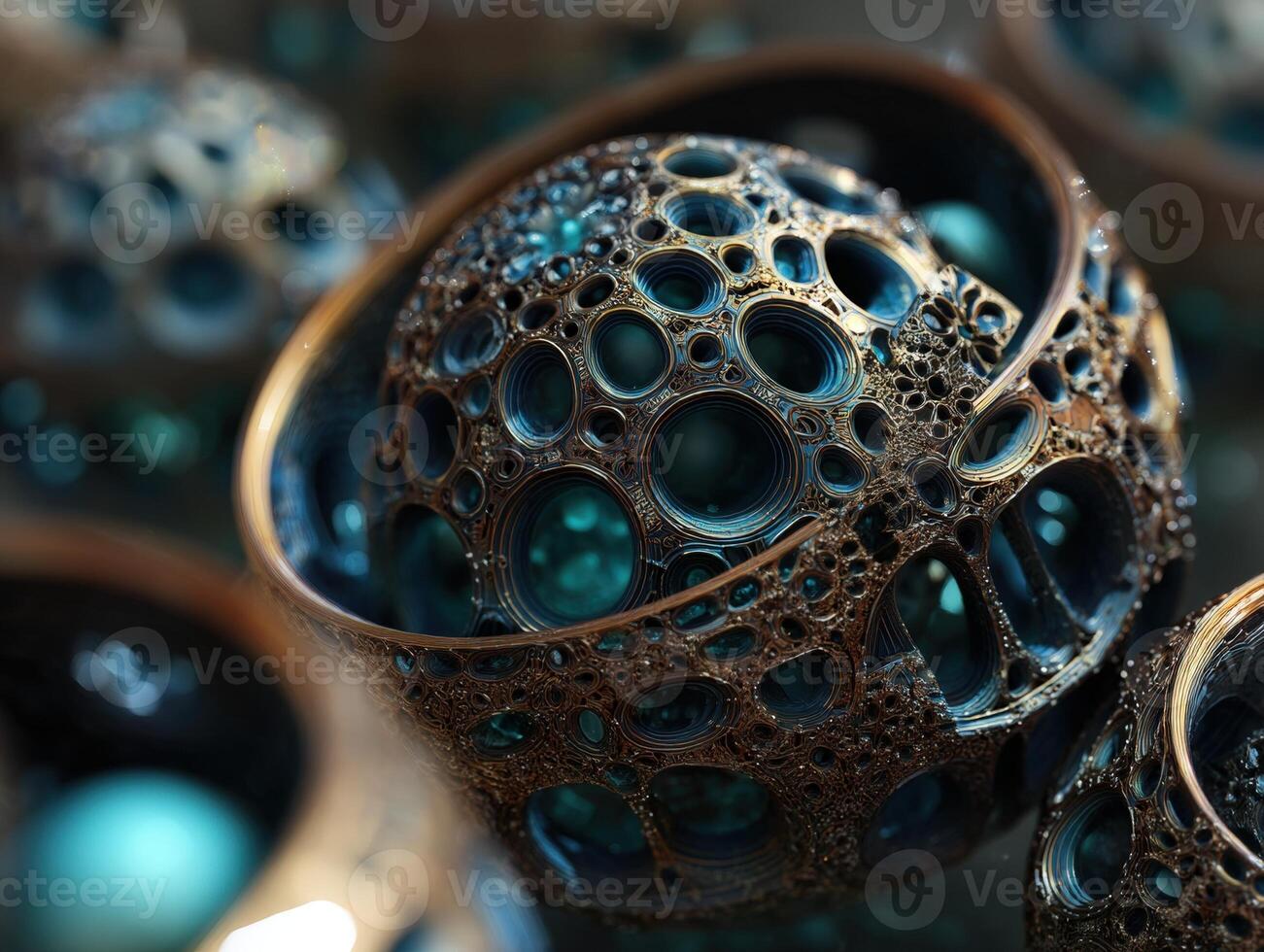 Intricate spherical structure with numerous circular cutouts, metallic and blue colors blend seamlessly, evoking a sense of futuristic design and complexity, highlighted by light and shadow photo