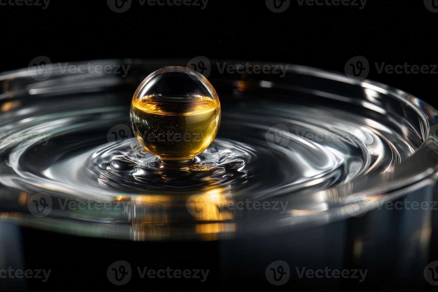 Golden sphere floats on rippling liquid surface, reflecting light. Smooth, reflective textures create a mesmerizing pattern, highlighting contrast between light and shadow photo